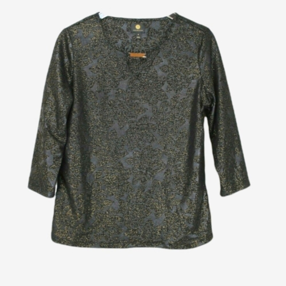 JM Collection Black Gold Top XSP Keyhole Embossed Floral 3/4 Sleeve Metallic